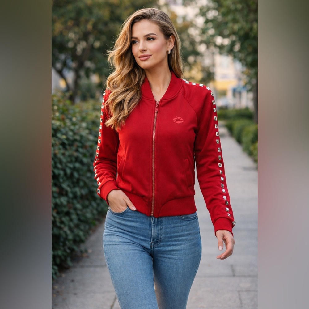 Moda International Scarlet Bomber Jacket with Metallic Accents